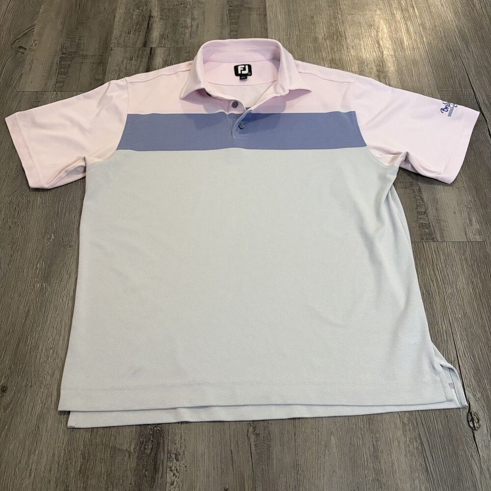 FootJoy Polo Shirt Mens Sz Large White Pink Blue Color Block Golf Oak Tree